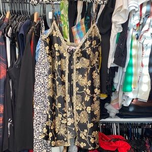 Floral Lace Trim Babydoll - Black and Gold with matching panty